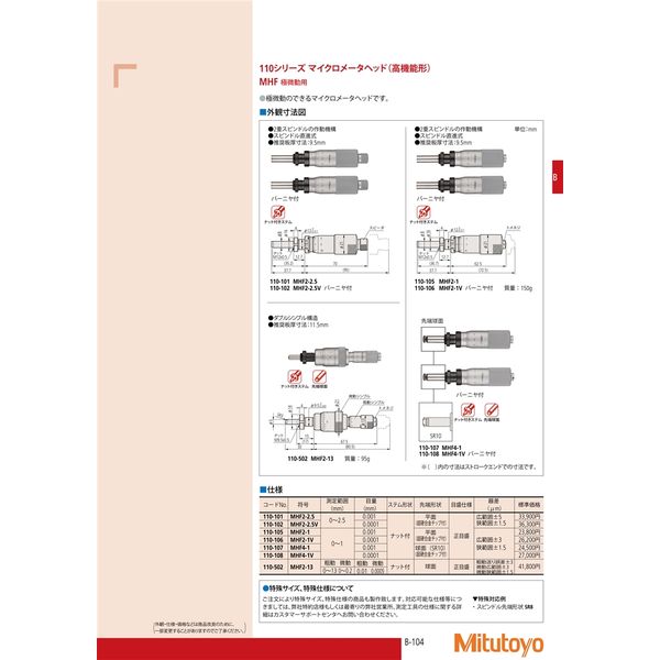 ミツトヨ マイクロメータヘッド極微動用 MHF2-2.5V 110-102 1個（直送