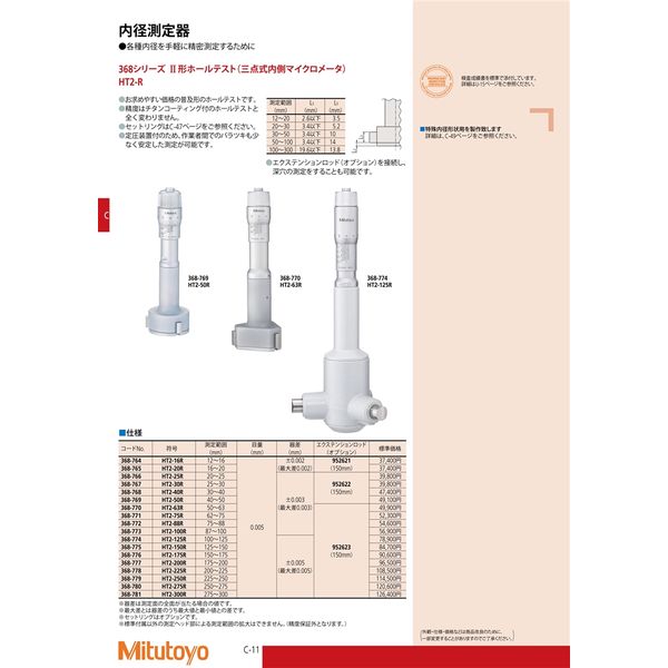 ミツトヨ（Mitutoyo） II形ホールテスト（三点式内側マイクロメータ） HT2-50R 368-769 1個（直送品）