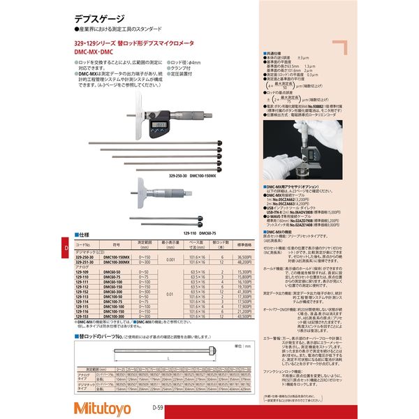 ミツトヨ（Mitutoyo） 替ロッド形デプスマイクロメータ DMC60-75 129