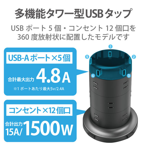 タワー型 電源タップ USBタップ 12個口 USB-A×5 2m 雷ガード タワー型 電源タップ USBタップ 12個口 USB-A×5 2m 雷ガード