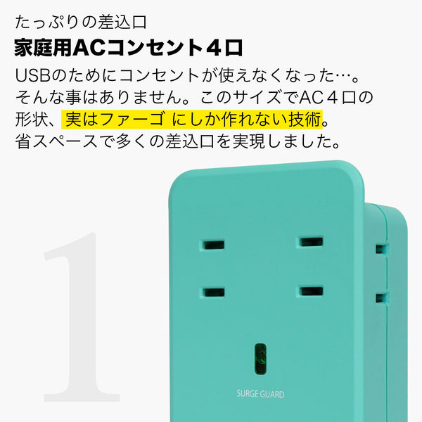 電源タップ USB充電器 壁挿しタイプ 2P式/4個口 USB×2 雷サージ付 SATI