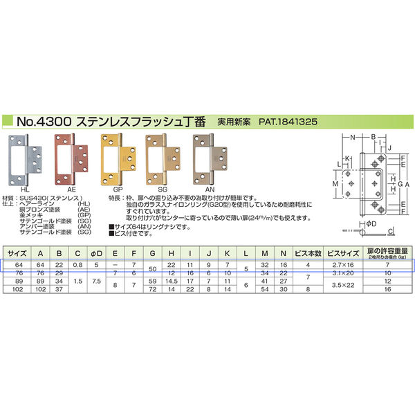 ニシムラ No.4300 ステンフラッシュ蝶番 64mm 銅ブロンズ [20枚入] No