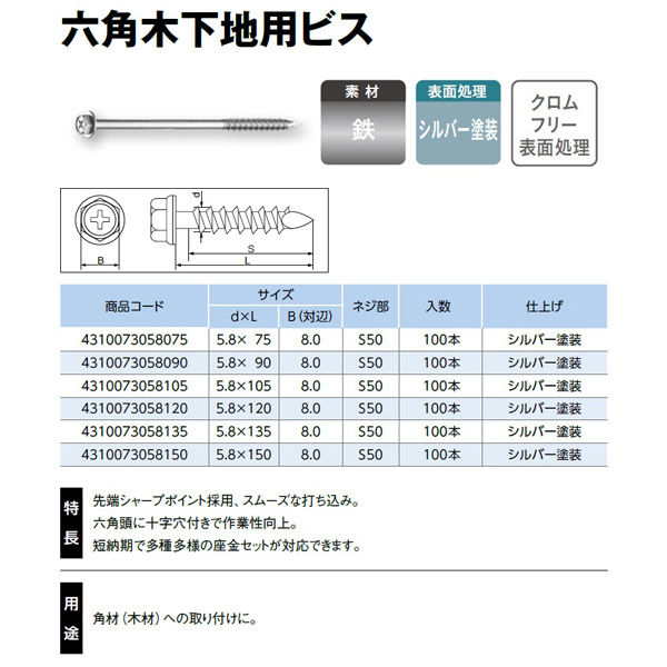 山喜産業 六角頭木下地用ビス 鉄シルバー塗装 5.8×105mm 1箱