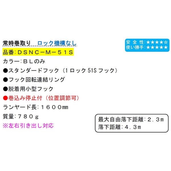 ポリマーギヤ フルハーネス用ランヤード 常時巻取り式 DSNCーMー51S ロック機構なし 1100100003554 1本(直送品) ポリマーギヤ フルハーネス用ランヤード 常時巻取り式 DSNCーMー51S ロック機構なし 1100100003554 1本(直送品)
