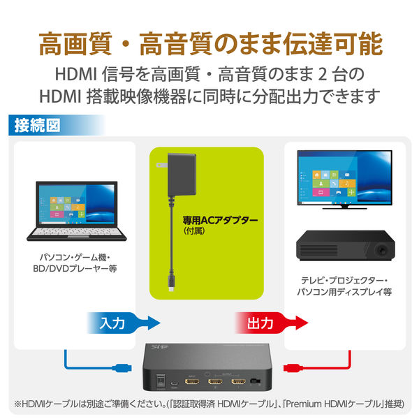 HDMI分配器 4K/60P対応 1入力/2出力 スプリッター VSP-HDP12BK ブラック 1個 エレコム - アスクル