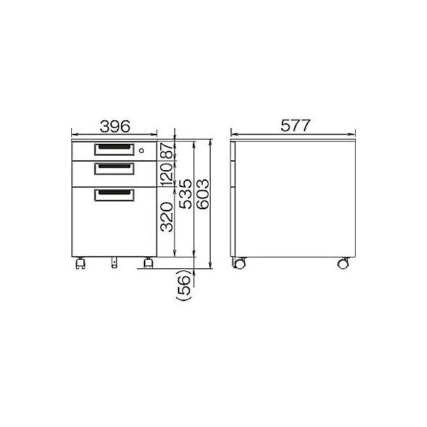 プラス スチールOAデスク フラットライン サイドキャビネット 3段 ブラック 幅396×奥行577×高さ603mm 1台 - アスクル