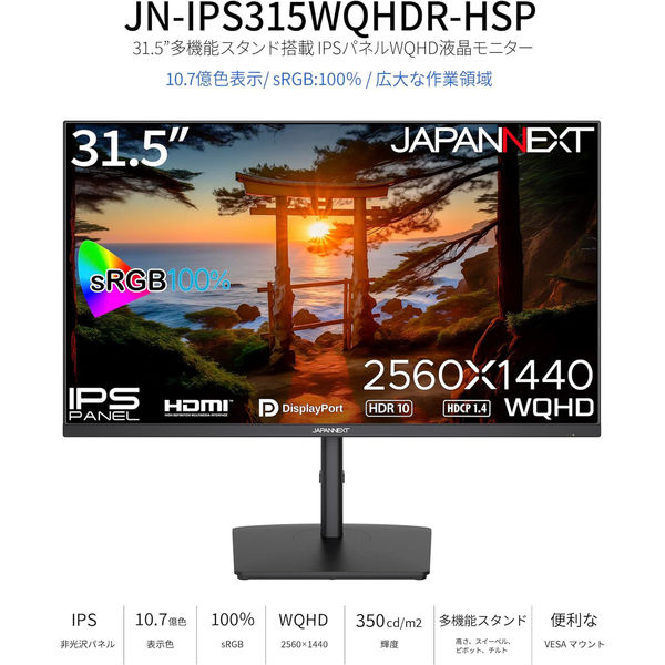 JAPANNEXT 31.5インチ ワイド液晶モニター 上下昇降機能/画面回転機能 