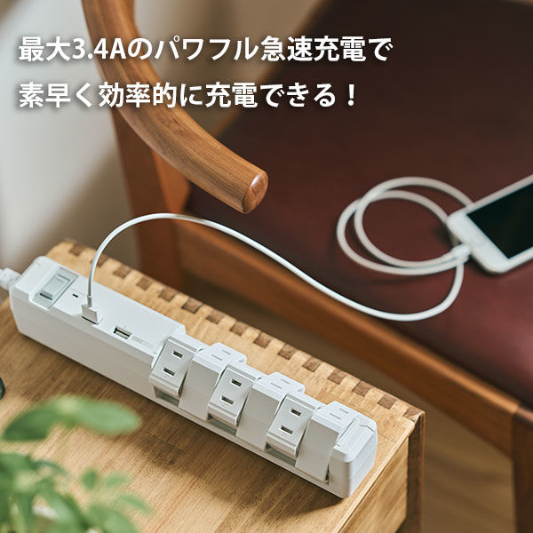 延長コード 電源タップ 12個口 1.8m 2P式 回転タップ USBポート
