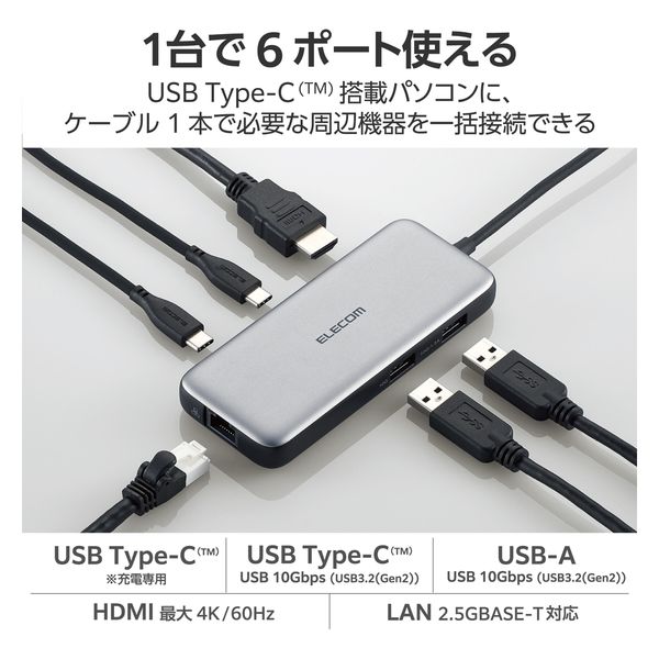 USB Type C ドッキングステーション ハブ 6-in-1 PD 85W出力 シルバー