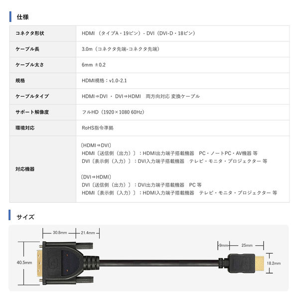 Vodaview DVI-HDMI 変換ケーブル 3.0m 黒