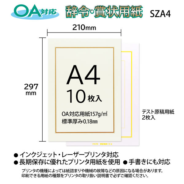 オキナ OA対応辞令・賞状用紙 A4 210×297ミリ SZA4 1袋（10枚入）