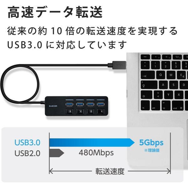エレコム USBハブ 4ポート 個別スイッチ付き USB3.0 Aポート×4 スイッチ付き ケーブル長1.0m ブラック┃U3H-S418BBK EC