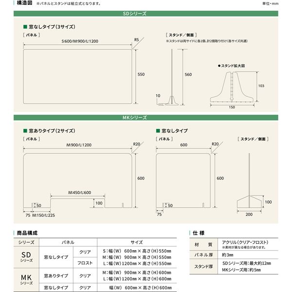 ニチベイ ユニガードII アクリルパーテーション 窓なし L 幅1200×高さ550mm フロスト(半透明) 1セット(10枚入)（直送品） -  アスクル