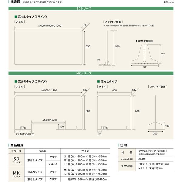 ニチベイ ユニガードII アクリルパーテーション 窓なし S 幅600 ニチベイ ユニガードII アクリルパーテーション 窓なし S 幅600