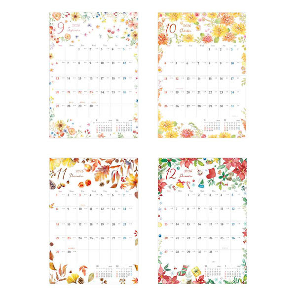 包む 【2026年版】壁掛けカレンダー 見開きA3 ボタニカル 日曜始まり