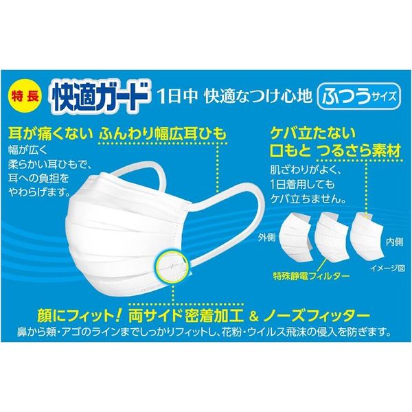 白元アース 快適ガードマスク ふつうサイズ 使い捨て 不織布 1箱（60枚 