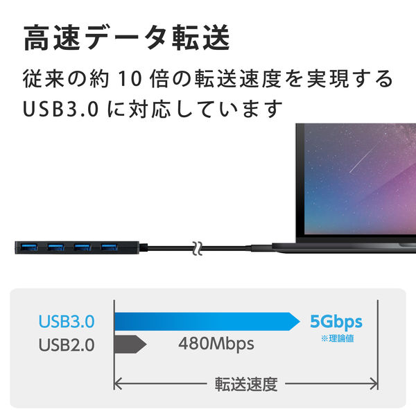 USBハブ USB3.0×4ポート/バスパワー/MacBook Chromebook他/ブラック U3H-FC04BBK エレコム