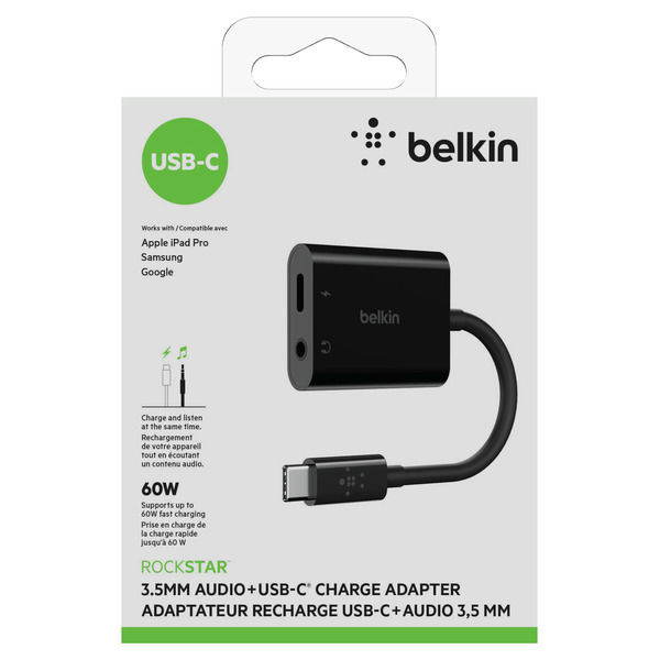 3.5mmオーディオ変換アダプター USB Type-C 60W充電対応 ブラック 1個 Belkin - アスクル