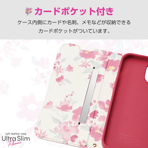 iPhone15 ケース レザー 手帳型 磁石 超軽量 花柄 ディープピンク PM