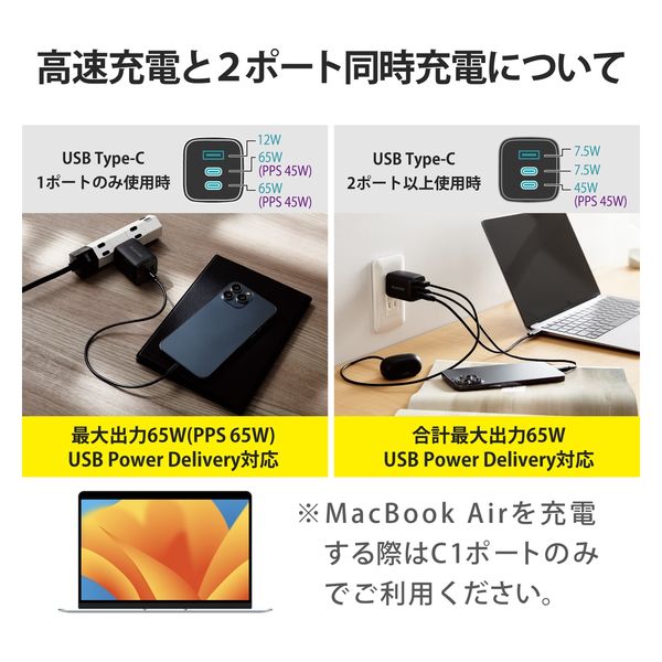 ノートPC用ACアダプタ パソコン充電器 PD 65W USB-C×2 USB-A×1