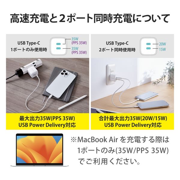 USB充電器 タイプC PD 合計35W USB-C×2 白 MPA-ACCP4135WH USB充電器 タイプC PD 合計35W USB-C×2 白 MPA-ACCP4135WH