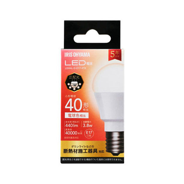 アイリスオーヤマ LED電球 E17 広配光 40形相当 電球色 LDA4L-G-E17-4T8 1個（直送品） - アスクル