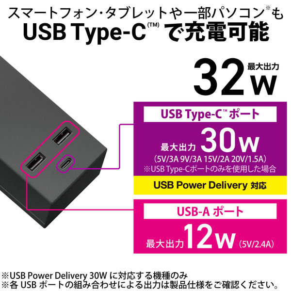 電源タップ USBタップ 2m コンセント 3個口 USB-C×1 A×2 雷ガード 黒 T