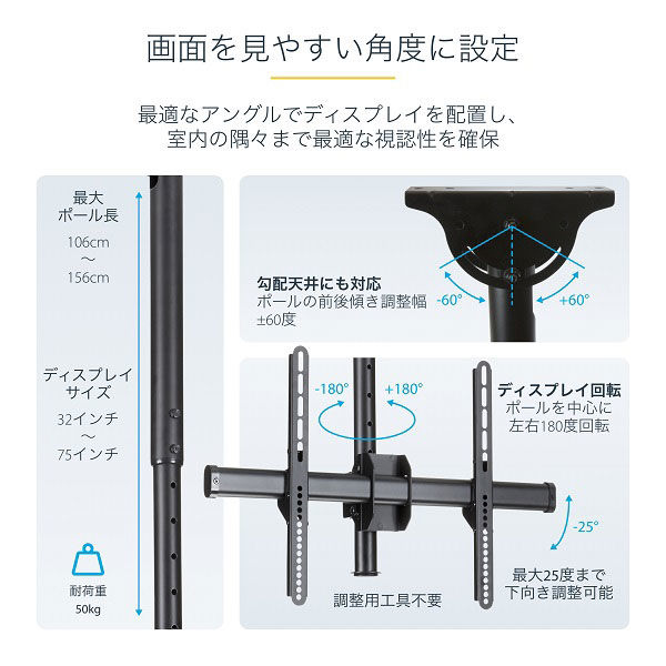 薄型液晶テレビ天吊り金具 高さ調節幅500mm FLATPNLCEIL 1個 - アスクル