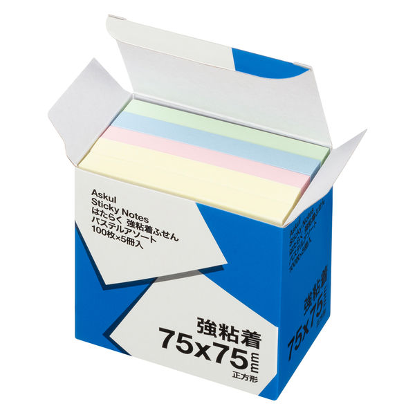 【強粘着】アスクル はたらく 強粘着ふせん 75×75mm　パステル4色アソート(正方形)　5冊　 オリジナル