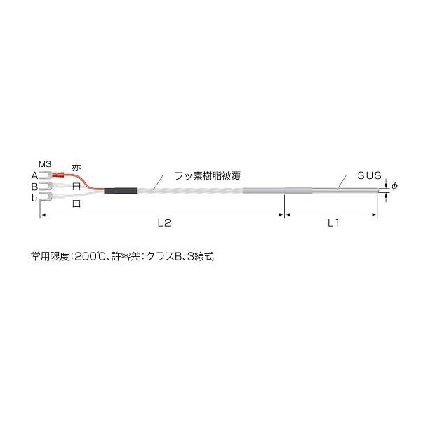 白金測温抵抗体【Pt100Ω】シースタイプ（クラスB フッ素樹脂被覆3.0m