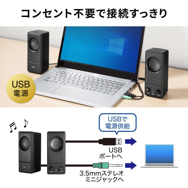 サンワダイレクト PC スピーカー USB 3.5mmステレオミニジャック接続