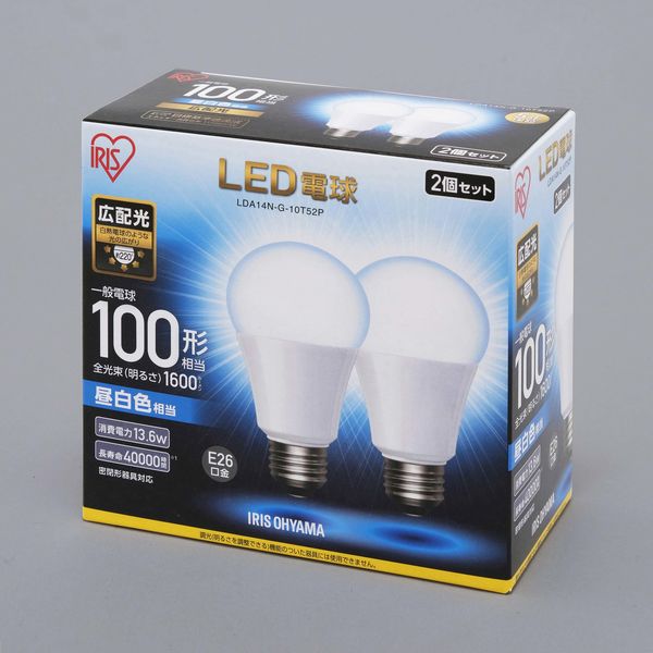 アイリスオーヤマ LED電球 E26 昼白色100形（1600ｌm） 広配光 LDA14N-G-10Ｔ52P 1箱（2個入） - アスクル