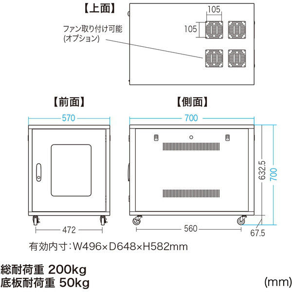 サンワサプライ 19インチサーバーボックス（12U） ブラック 幅570×奥行