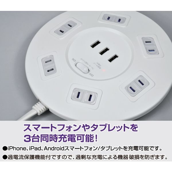 延長コード 電源タップ 2P式 2m 6個口 USB-A×3 雷ガード 一括集中スイッチ 丸形 朝日電器（ELPA） WLS-LS602RUSB(W)