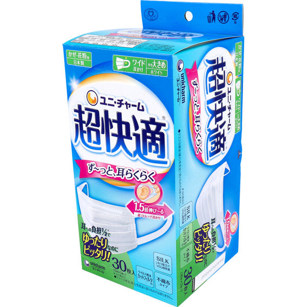 ユニ・チャーム 超快適マスク プリーツタイプ かぜ・花粉用 やや大きめサイズ 30枚入　1個(30枚入)×6セット（直送品）