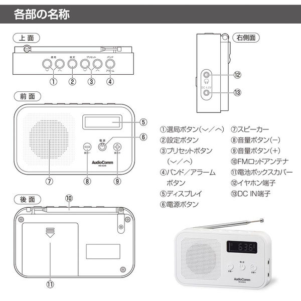 オーム電機 2バンドハンディラジオ H225 W 03-7055 1個（直送品） - アスクル