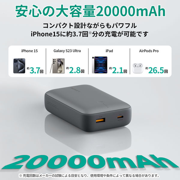 モバイルバッテリー 20000mAh PD20W/QC18W 大容量 PB-Y57-GY 1個 AUKEY - アスクル