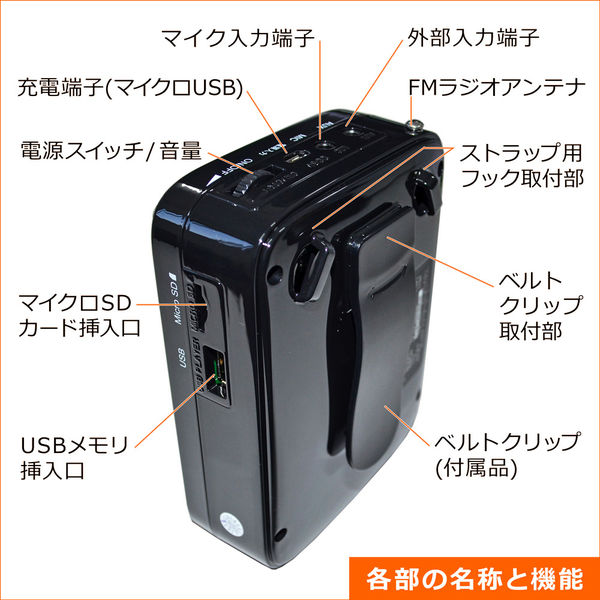 ポータブル拡声器 ハンズフリー/USB充電/リチウム電池内蔵/FMラジオ搭載/MP3再生 F.R.C NX-BV10 1個 - アスクル