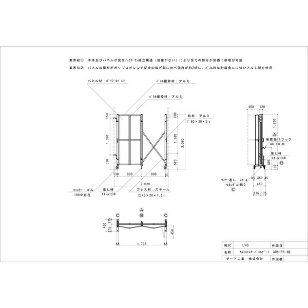 ゲート工業 パネルキャスターゲート Dタイプ 高さ2.0m×間口1.8m 片開き ADS-2P1-18 1基（直送品） - アスクル