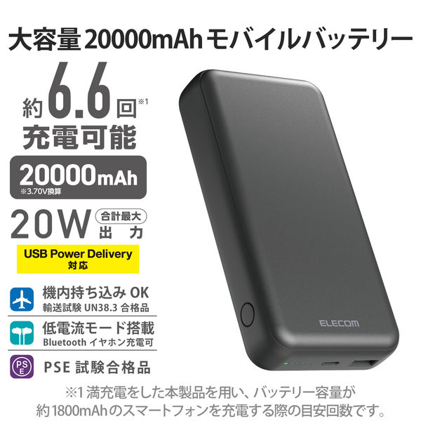 モバイルバッテリー最大20W急速充電 Type-C 超軽量 小型 モバイルバッテリー 20000mAh 大容量 PSE適合 高速充電 20W USB