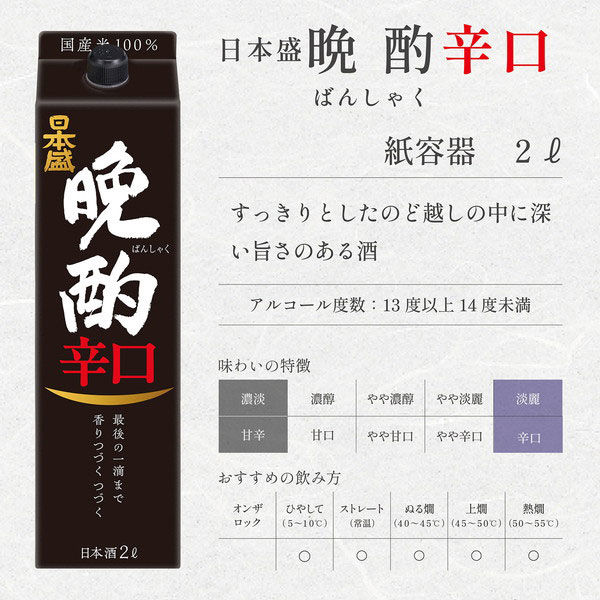 日本盛 晩酌 辛口 パック 2L 1セット（6本） 日本酒 - アスクル