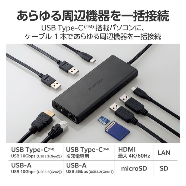 USB Type C ドッキングステーション ハブ 10-in-1 PD 85W出力 ブラック