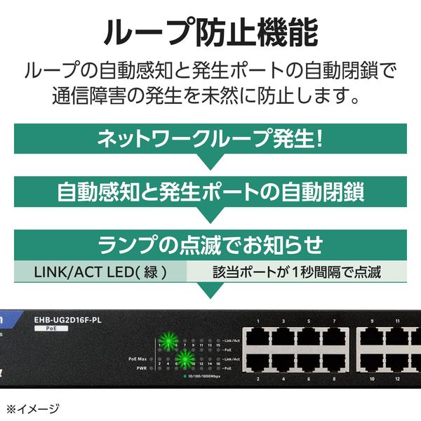 スイッチングハブ 16ポート ギガ PoE LAN 電源内蔵 ループ防止 3年保証 EHB-UG2D16F-PL エレコム 1個（直送品） - アスクル