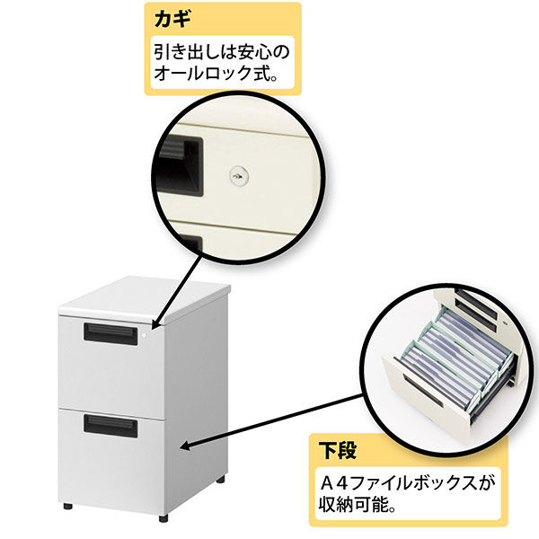 プラス スチールOAデスク フラットライン 奥行700mm用 脇机 2段 ホワイト 幅400×奥行700×高さ700ｍｍ 1台（取寄品） - アスクル