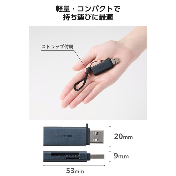USB-A カードリーダー 2in1 SD / microSD 高速転送 軽量 黒 MR3