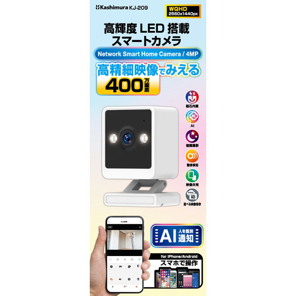 カシムラ スマートカメラ 4MP/AI/高輝度 KJ-209 1台（直送品） - アスクル
