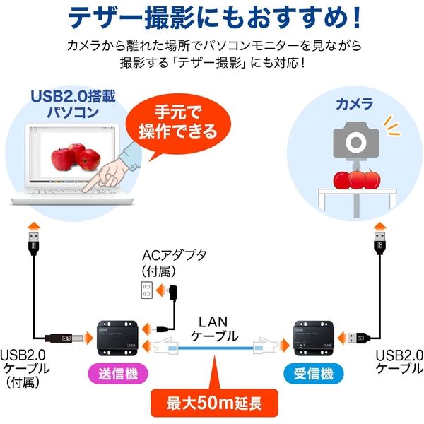サンワサプライ USB2.0エクステンダー（2ポートハブ付き） USB-EXSET3 