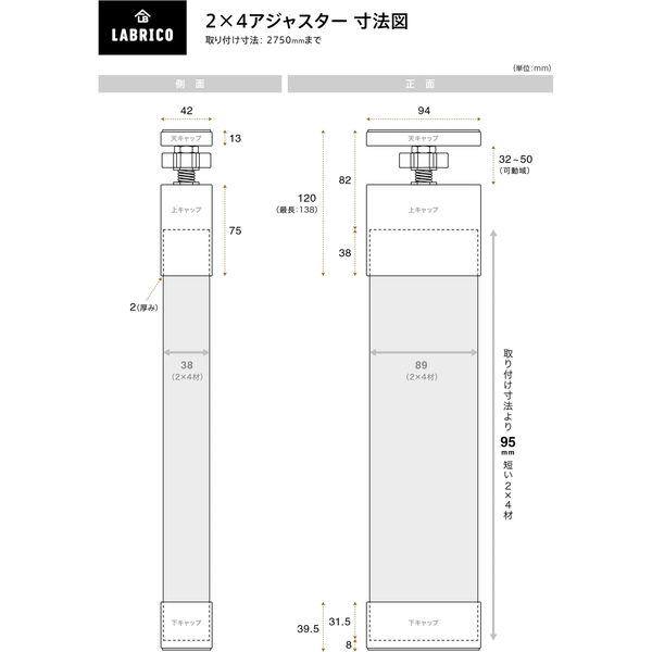 LABRICO(ラブリコ) 2×4アジャスター(2個入) オフホワイト DXO-1A 平安