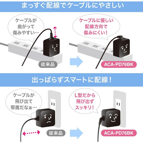 サンワサプライ USB Power Delivery対応AC充電器（PD65W・ケーブル一体型） ACA-PD76BK 1個 アスクル