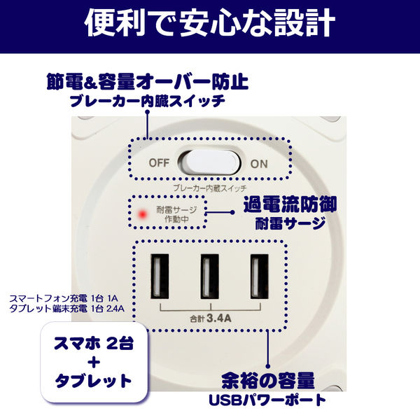 朝日電器株式会社 丸形ＵＳＢタップ６Ｐ WLS-R6332BUA(W) 1個（直送品